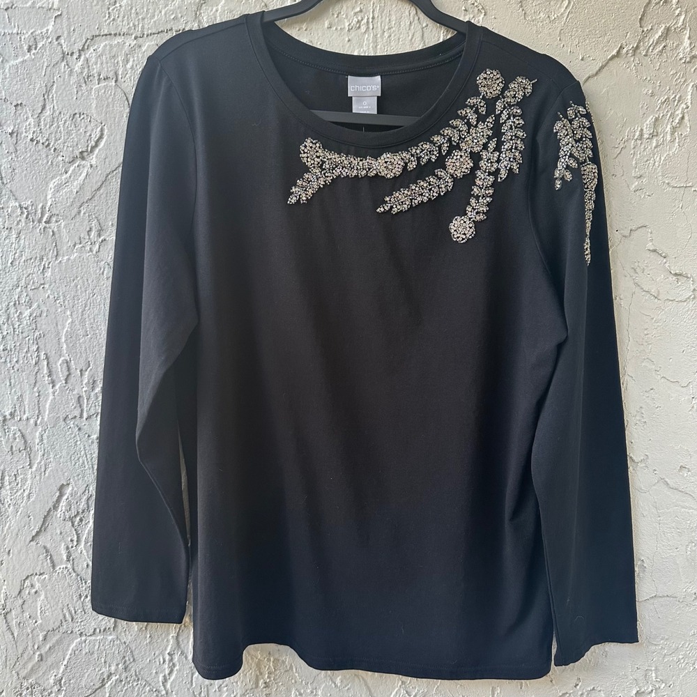 Chicos Black Long Sleeve Crew Neck Embellished Jewel Blouse Top Size Small